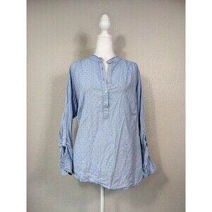 Talbots Woman 2X Popover Light Blue Blouse Shirt Roll Tab Sleeves 100 Cotton N24